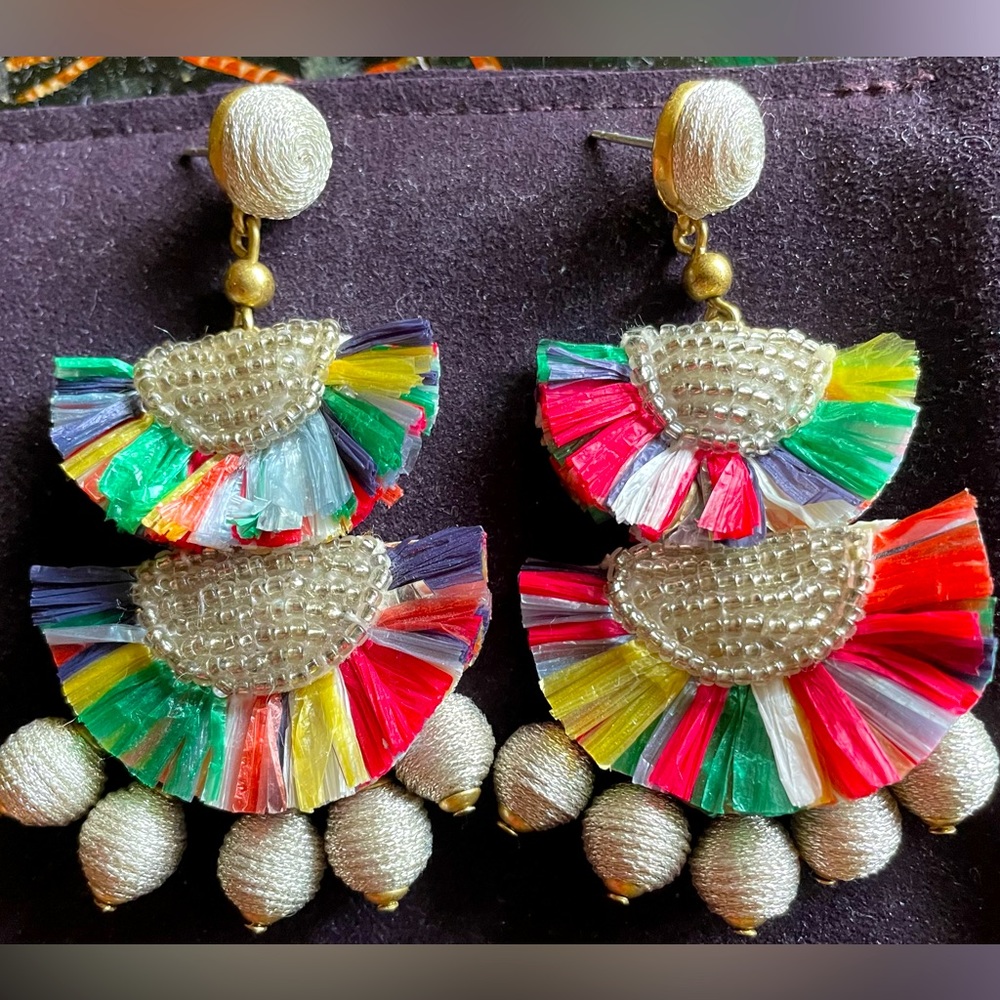 J crew raffia and bead earrings.